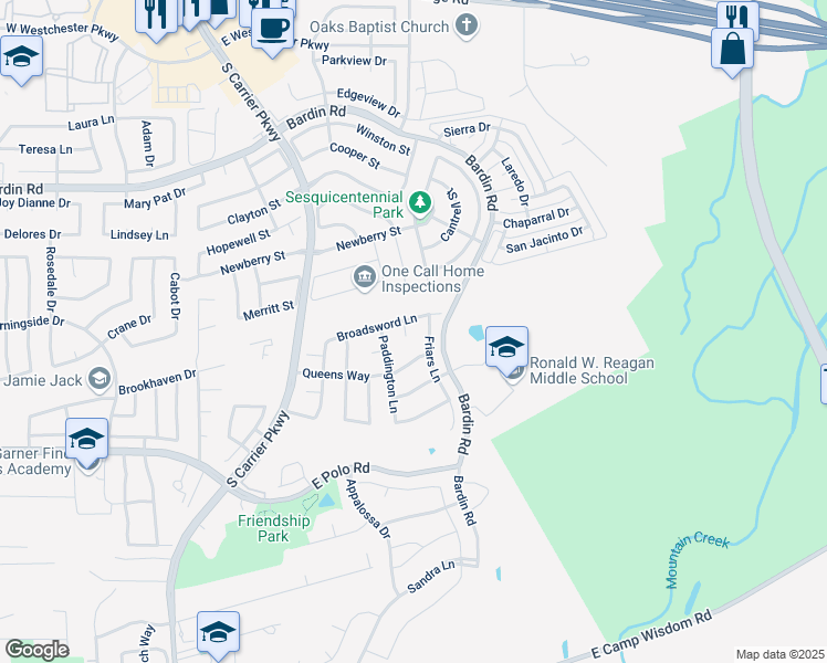 map of restaurants, bars, coffee shops, grocery stores, and more near 4531 Friars Lane in Grand Prairie