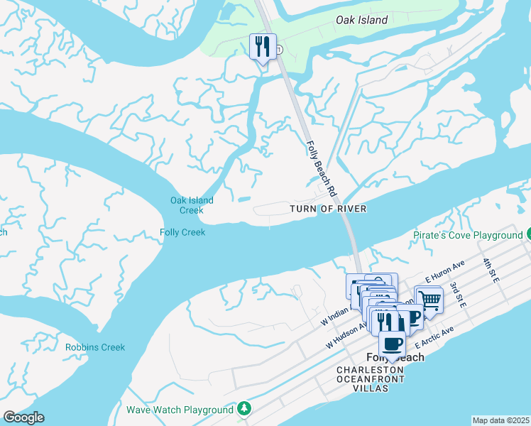 map of restaurants, bars, coffee shops, grocery stores, and more near 122 West Mariners Cay Drive in Folly Beach