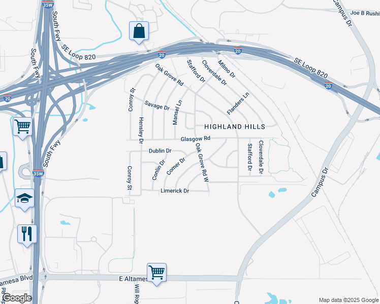 map of restaurants, bars, coffee shops, grocery stores, and more near 5604 Comer Drive in Fort Worth