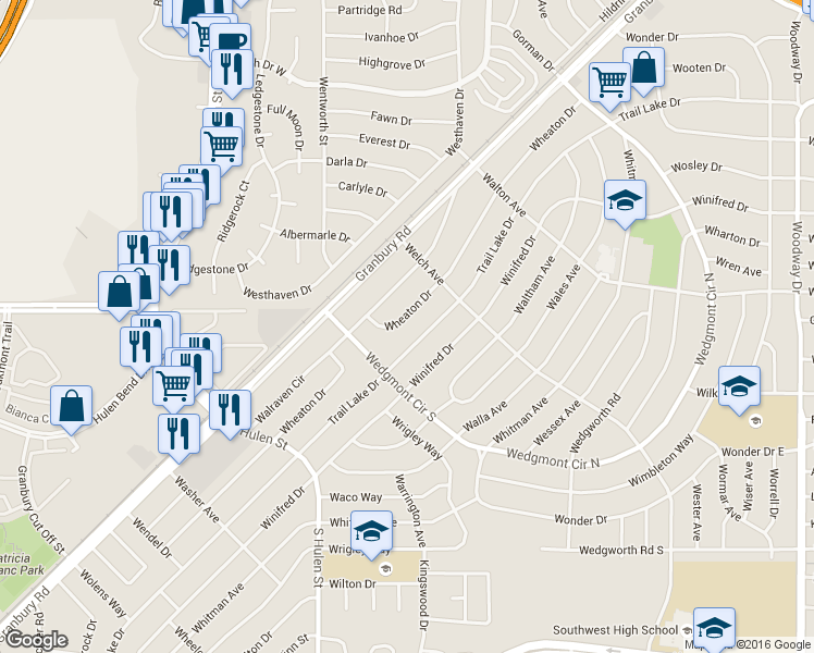 map of restaurants, bars, coffee shops, grocery stores, and more near 5825 Wheaton Drive in Fort Worth
