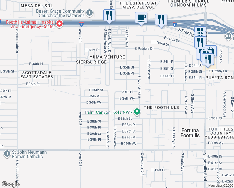 map of restaurants, bars, coffee shops, grocery stores, and more near 12343 36th Place in Yuma