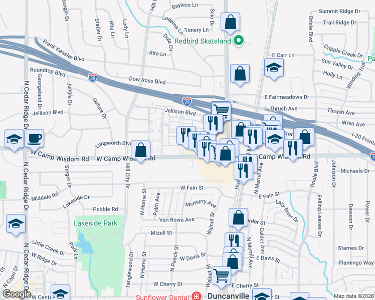 map of restaurants, bars, coffee shops, grocery stores, and more near 311 West Camp Wisdom Road in Duncanville