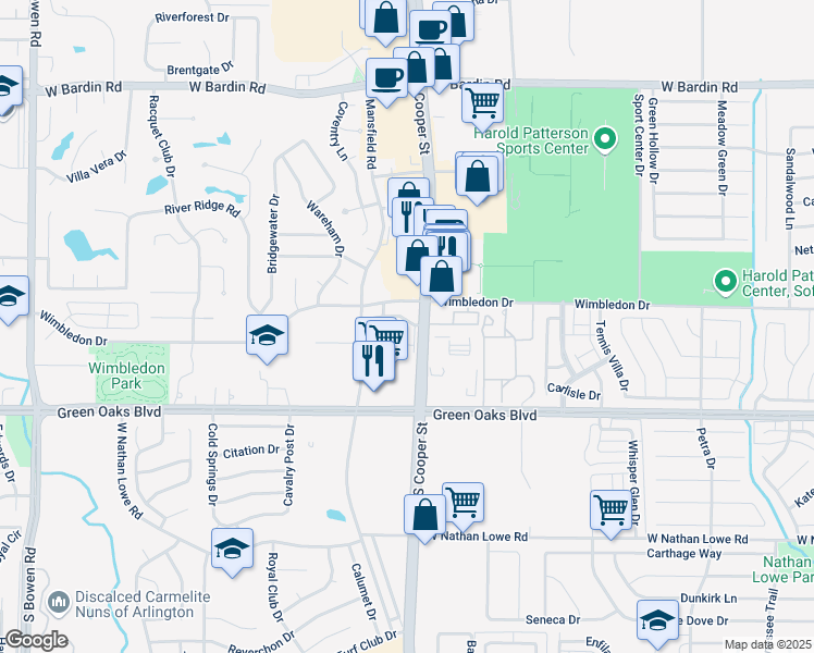 map of restaurants, bars, coffee shops, grocery stores, and more near 1802 Wimbledon Oaks Lane in Arlington