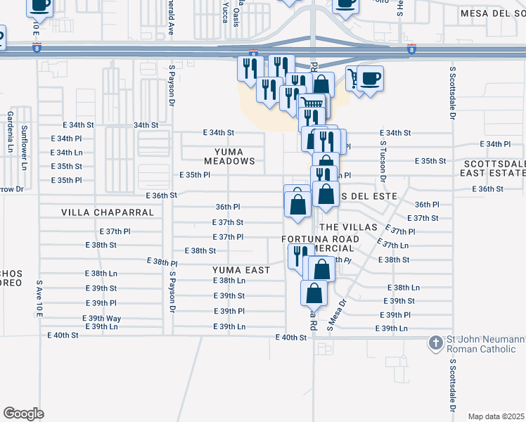 map of restaurants, bars, coffee shops, grocery stores, and more near 10759 36th Place in Yuma