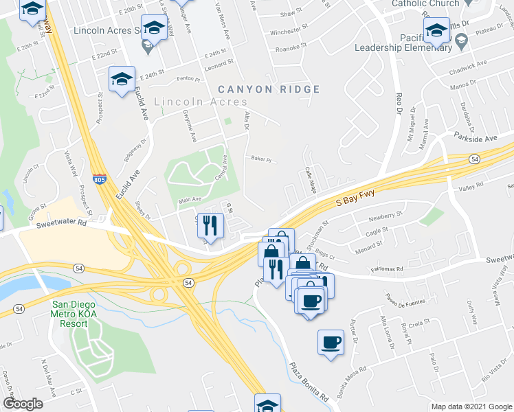 map of restaurants, bars, coffee shops, grocery stores, and more near 3230 Alta Dr in National City