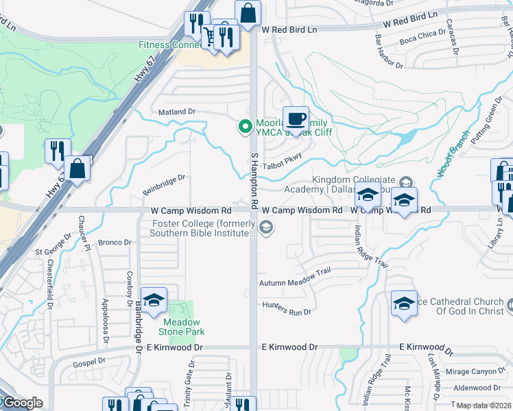 map of restaurants, bars, coffee shops, grocery stores, and more near 7108 South Hampton Road in Dallas