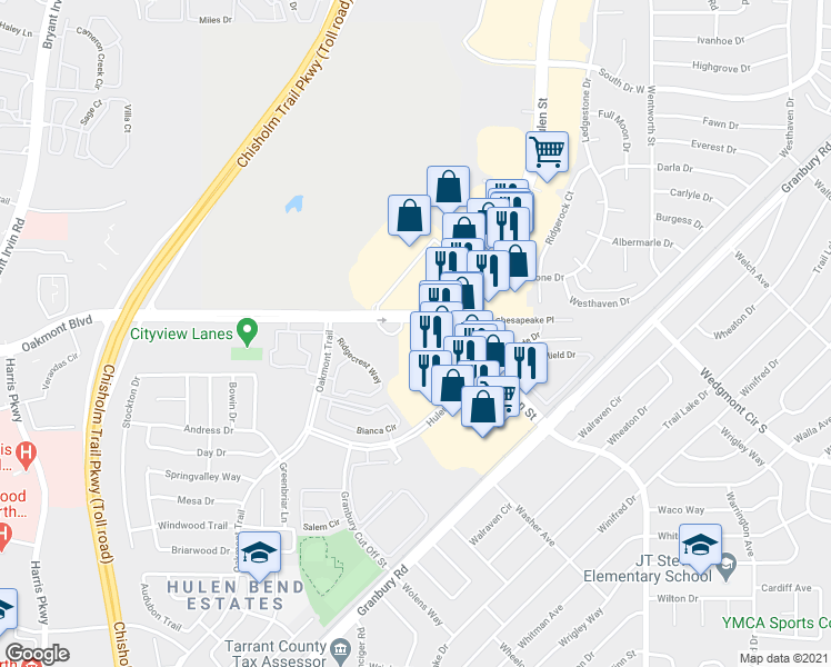 map of restaurants, bars, coffee shops, grocery stores, and more near 6251 Oakmont Boulevard in Fort Worth