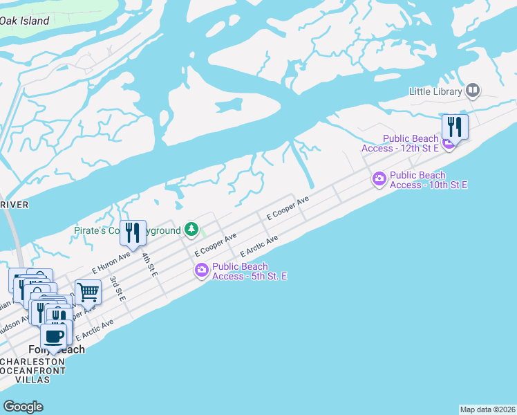 map of restaurants, bars, coffee shops, grocery stores, and more near 707 East Erie Avenue in Folly Beach