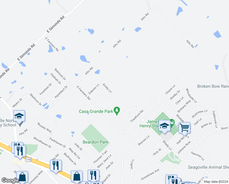 map of restaurants, bars, coffee shops, grocery stores, and more near 1610 Emily Lane in Seagoville