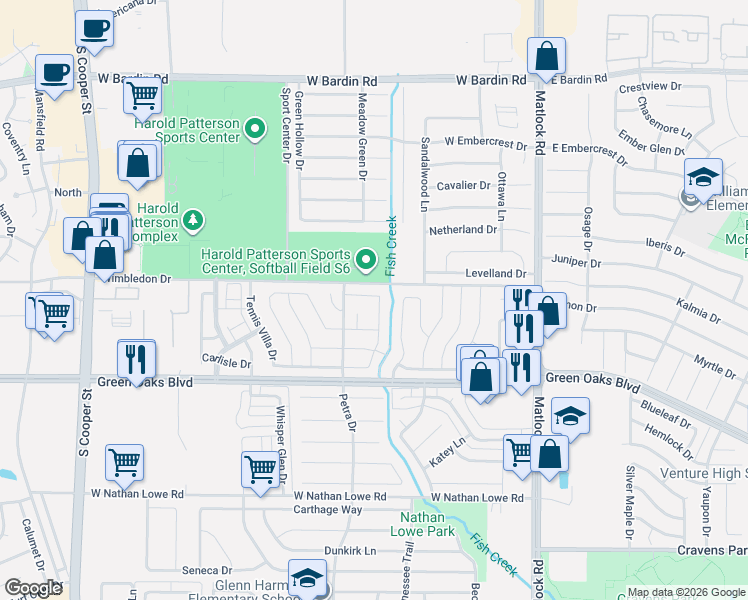 map of restaurants, bars, coffee shops, grocery stores, and more near 5220 Rio Bravo Drive in Arlington