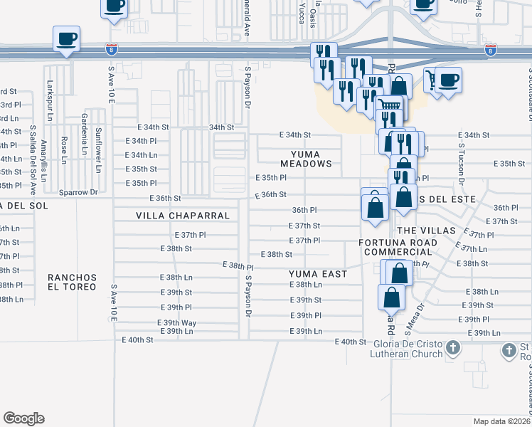 map of restaurants, bars, coffee shops, grocery stores, and more near 10551 36th Place in Yuma