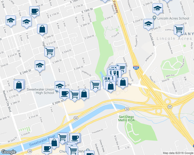 map of restaurants, bars, coffee shops, grocery stores, and more near 2817 N Avenue in National City