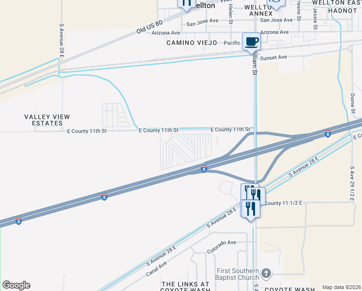 map of restaurants, bars, coffee shops, grocery stores, and more near 28590 East County 11th Street in Wellton