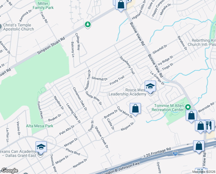 map of restaurants, bars, coffee shops, grocery stores, and more near 3424 Frosty Trail in Dallas
