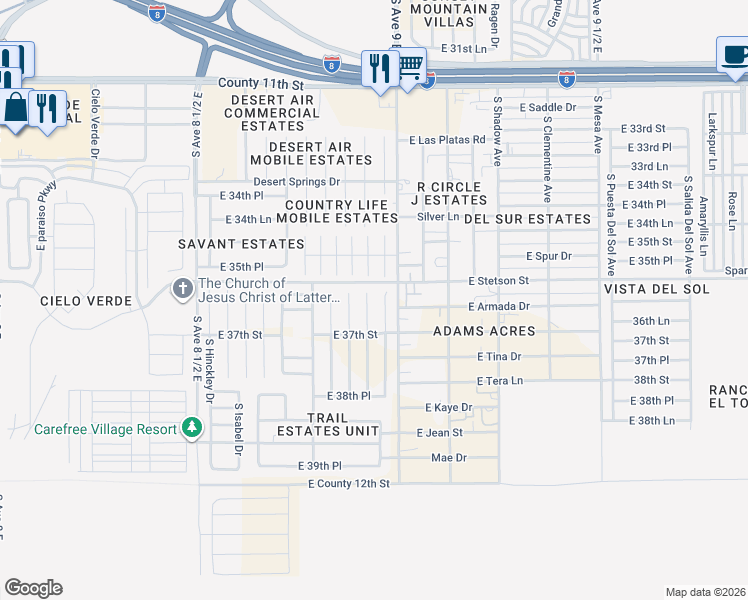 map of restaurants, bars, coffee shops, grocery stores, and more near 11500-11554 South Avenue 9 East in Yuma