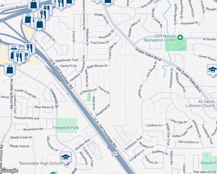 map of restaurants, bars, coffee shops, grocery stores, and more near 5208 Stagetrail Drive in Arlington