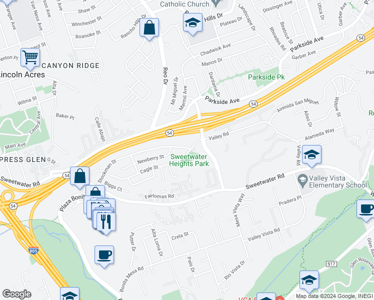 map of restaurants, bars, coffee shops, grocery stores, and more near 3819 Cagle Street in National City