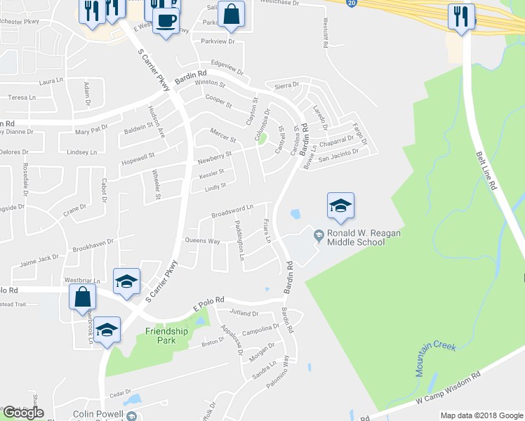 map of restaurants, bars, coffee shops, grocery stores, and more near 4531 Friars Lane in Grand Prairie