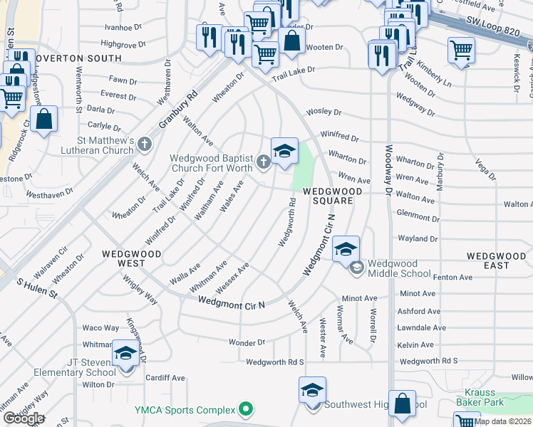 map of restaurants, bars, coffee shops, grocery stores, and more near 5621 Whitman Avenue in Fort Worth