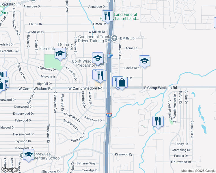 map of restaurants, bars, coffee shops, grocery stores, and more near 33 East Camp Wisdom Road in Dallas