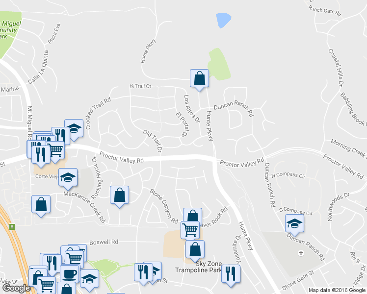map of restaurants, bars, coffee shops, grocery stores, and more near 665 Santa Anita Court in Chula Vista