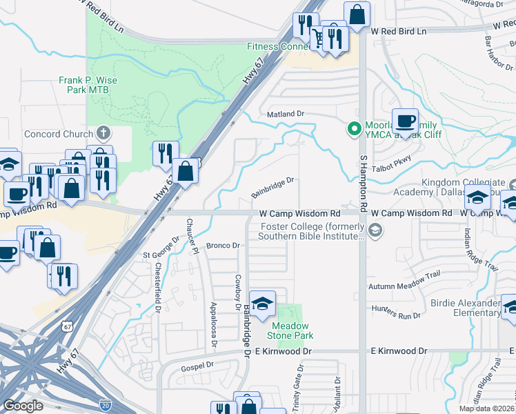 map of restaurants, bars, coffee shops, grocery stores, and more near 2737 West Camp Wisdom Road in Dallas