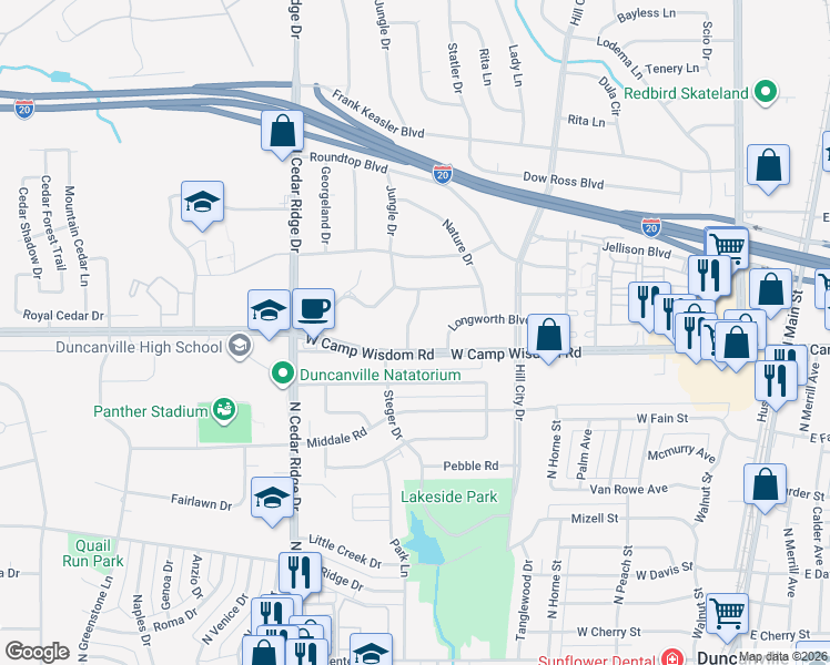 map of restaurants, bars, coffee shops, grocery stores, and more near 806 Jungle Drive in Duncanville