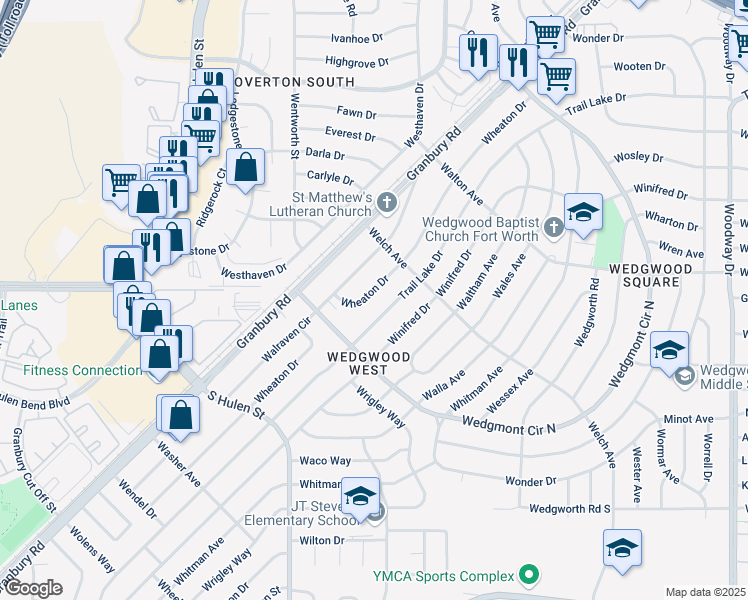 map of restaurants, bars, coffee shops, grocery stores, and more near 5825 Wheaton Drive in Fort Worth
