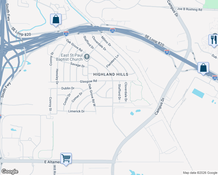 map of restaurants, bars, coffee shops, grocery stores, and more near 5604 Neystel Road in Fort Worth