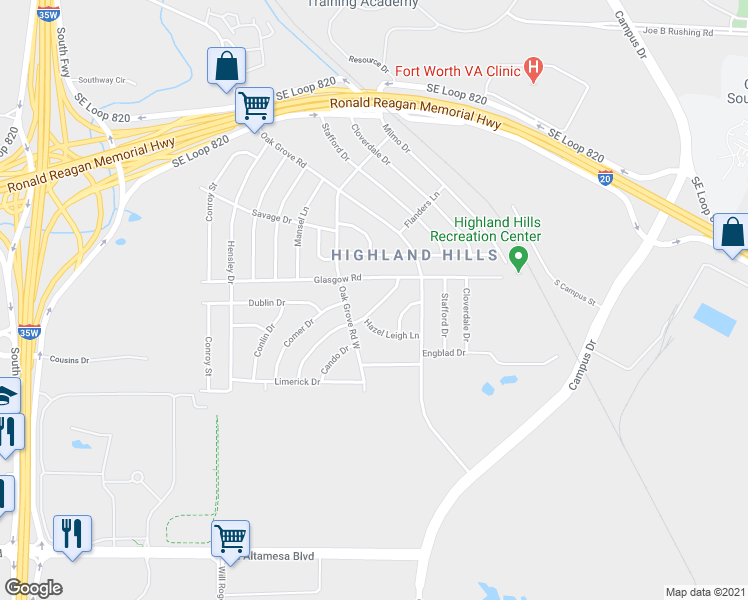 map of restaurants, bars, coffee shops, grocery stores, and more near 5524 De Cory Rd in Fort Worth