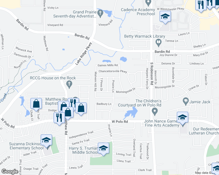 map of restaurants, bars, coffee shops, grocery stores, and more near 4478 Savage Station Drive in Grand Prairie