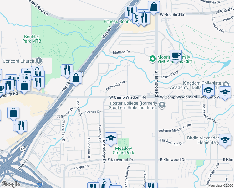 map of restaurants, bars, coffee shops, grocery stores, and more near 2707 West Camp Wisdom Road in Dallas