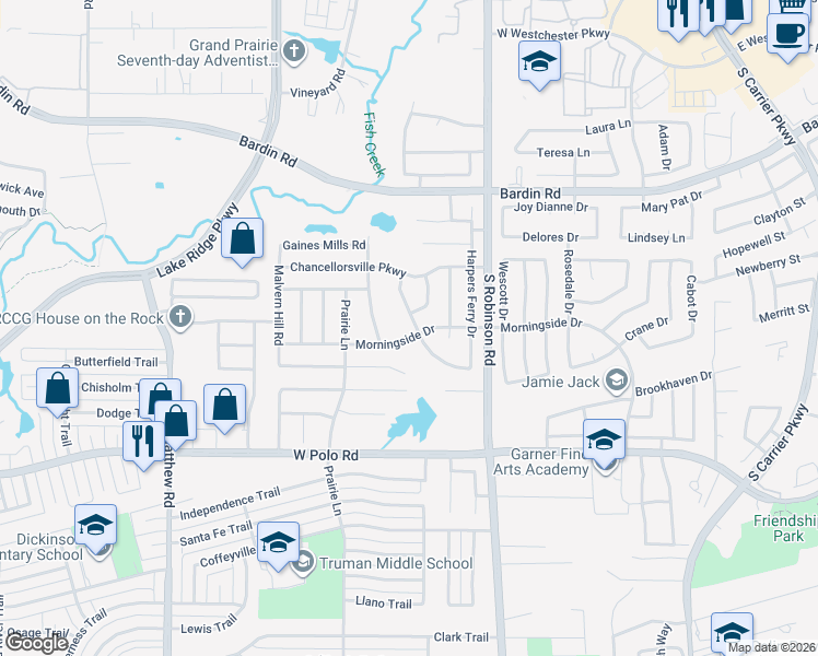 map of restaurants, bars, coffee shops, grocery stores, and more near 4477 Stones River Road in Grand Prairie