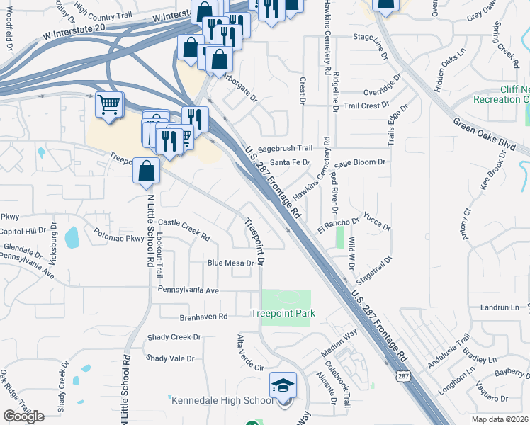 map of restaurants, bars, coffee shops, grocery stores, and more near 5125 Ivycrest Trail in Arlington