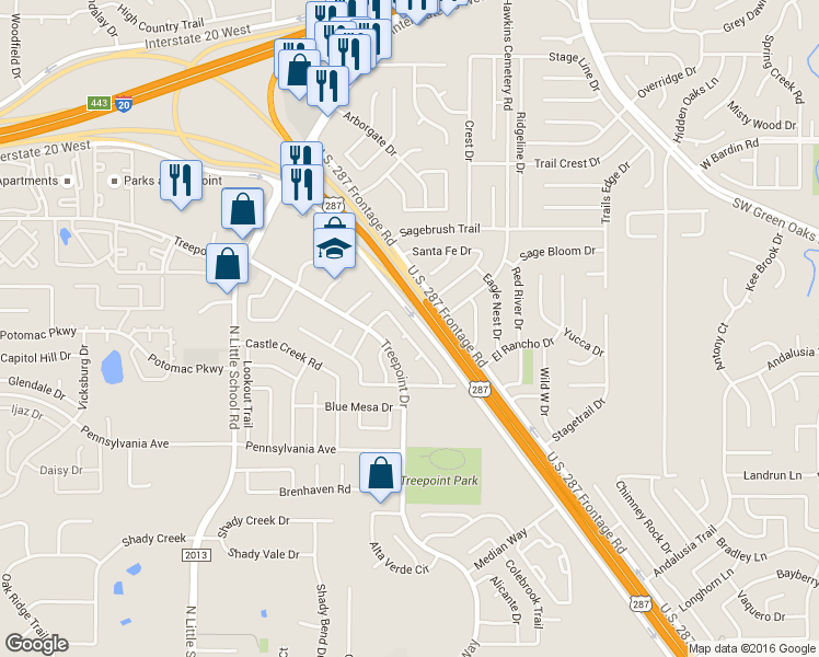 map of restaurants, bars, coffee shops, grocery stores, and more near 5125 Ivycrest Trail in Arlington