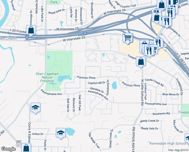 map of restaurants, bars, coffee shops, grocery stores, and more near 6707 Potomac Parkway in Arlington