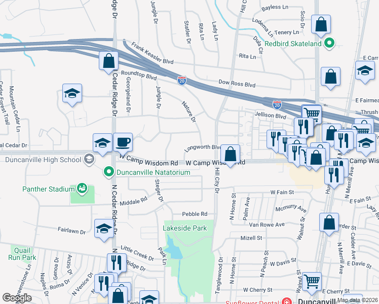 map of restaurants, bars, coffee shops, grocery stores, and more near 526 Longworth Boulevard in Duncanville