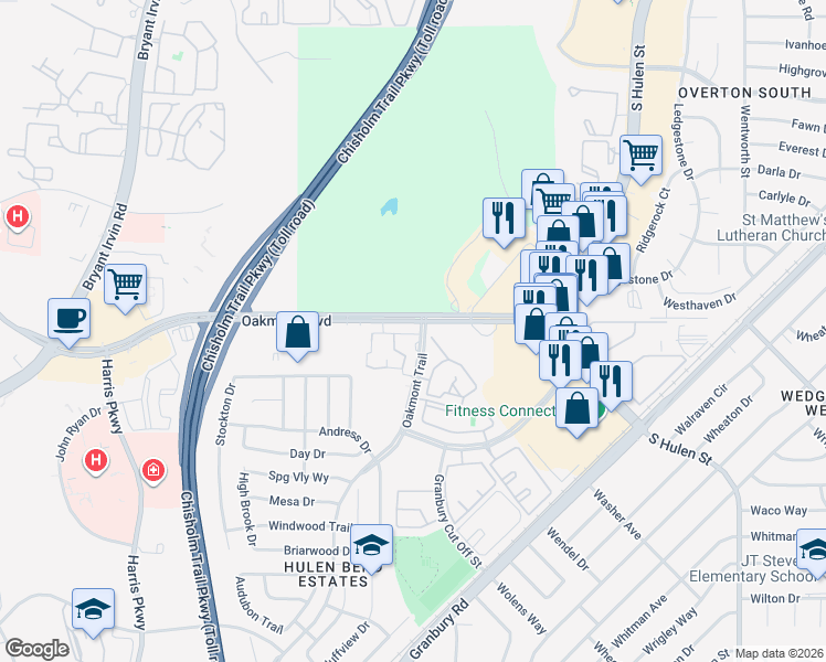 map of restaurants, bars, coffee shops, grocery stores, and more near 6504 Arbor Lane in Fort Worth