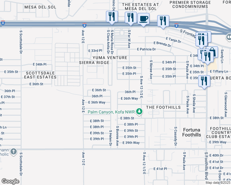 map of restaurants, bars, coffee shops, grocery stores, and more near 11537 Helen Drive in Yuma