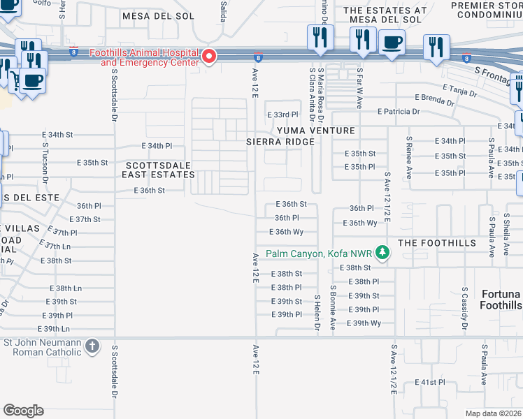 map of restaurants, bars, coffee shops, grocery stores, and more near 12151 East 36th Street in Yuma