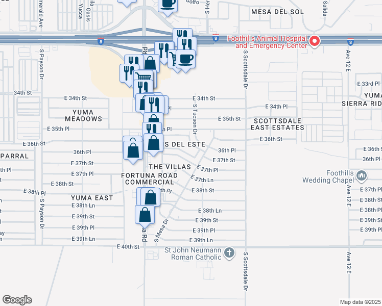 map of restaurants, bars, coffee shops, grocery stores, and more near 11424 South Mesa Drive in Yuma