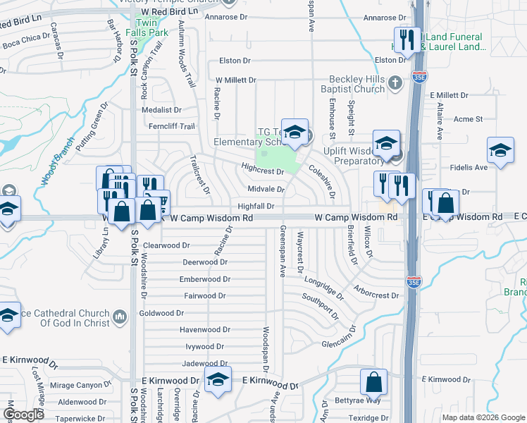 map of restaurants, bars, coffee shops, grocery stores, and more near 704 Highfall Drive in Dallas