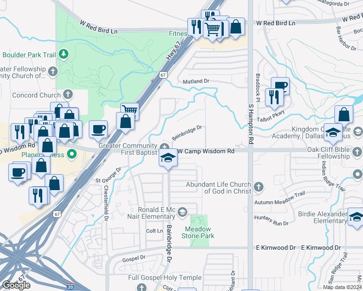 map of restaurants, bars, coffee shops, grocery stores, and more near 2707 West Camp Wisdom Road in Dallas