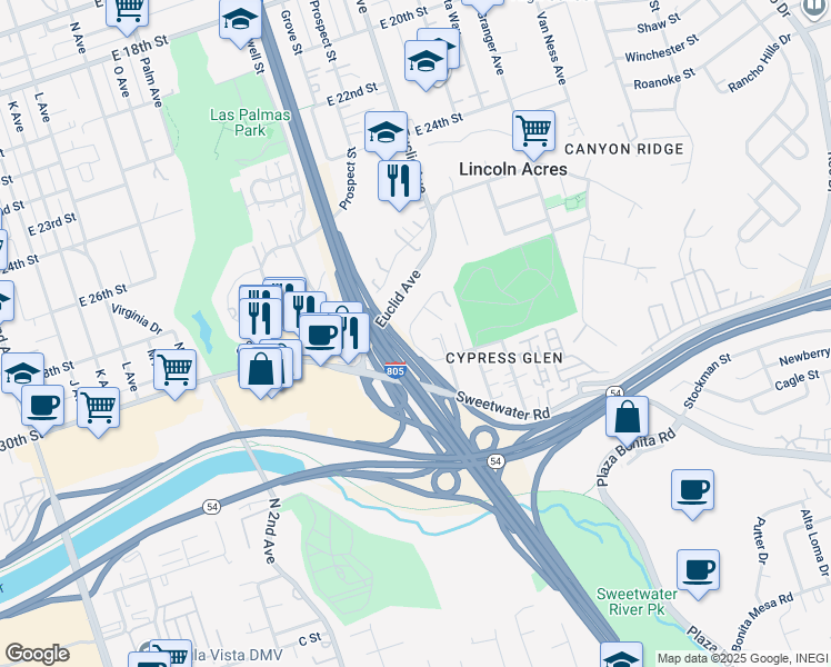 map of restaurants, bars, coffee shops, grocery stores, and more near 3103 Shelby Drive in National City