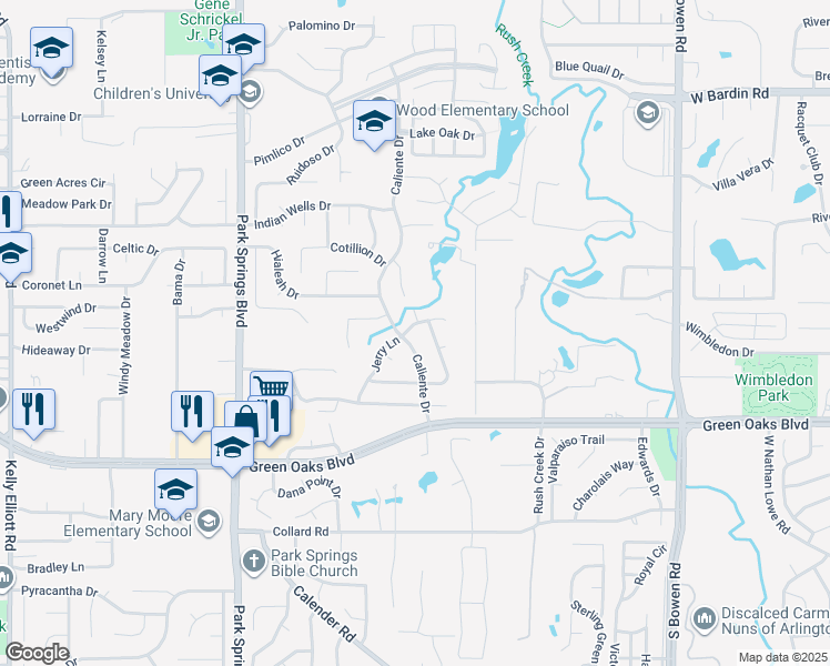 map of restaurants, bars, coffee shops, grocery stores, and more near 3304 Jerry Lane in Arlington
