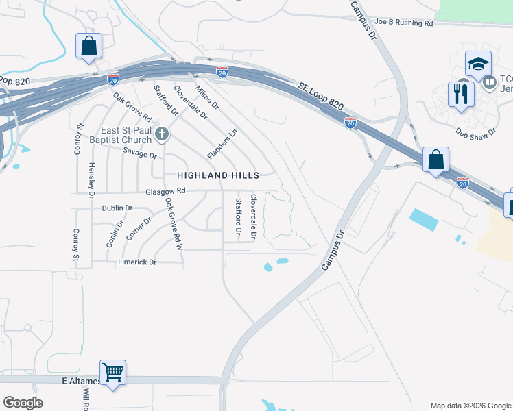 map of restaurants, bars, coffee shops, grocery stores, and more near 5513 Cloverdale Drive in Fort Worth
