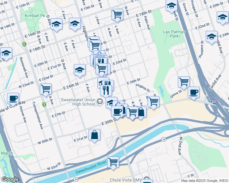 map of restaurants, bars, coffee shops, grocery stores, and more near 2608 Michelle Court in National City