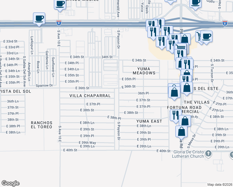 map of restaurants, bars, coffee shops, grocery stores, and more near 11535 South Chaparral Drive in Yuma