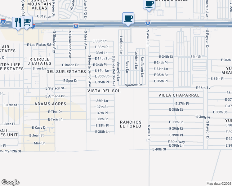 map of restaurants, bars, coffee shops, grocery stores, and more near 3627 South Salida Del Sol Avenue in Yuma