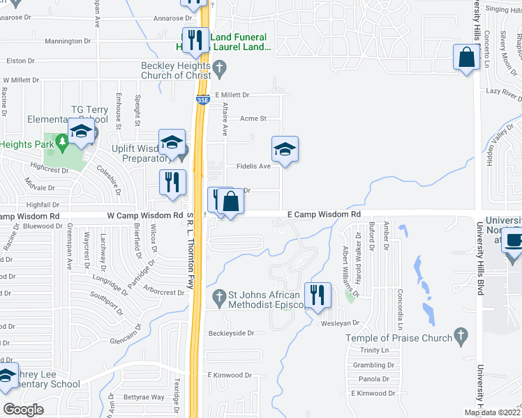map of restaurants, bars, coffee shops, grocery stores, and more near 314 East Camp Wisdom Road in Dallas